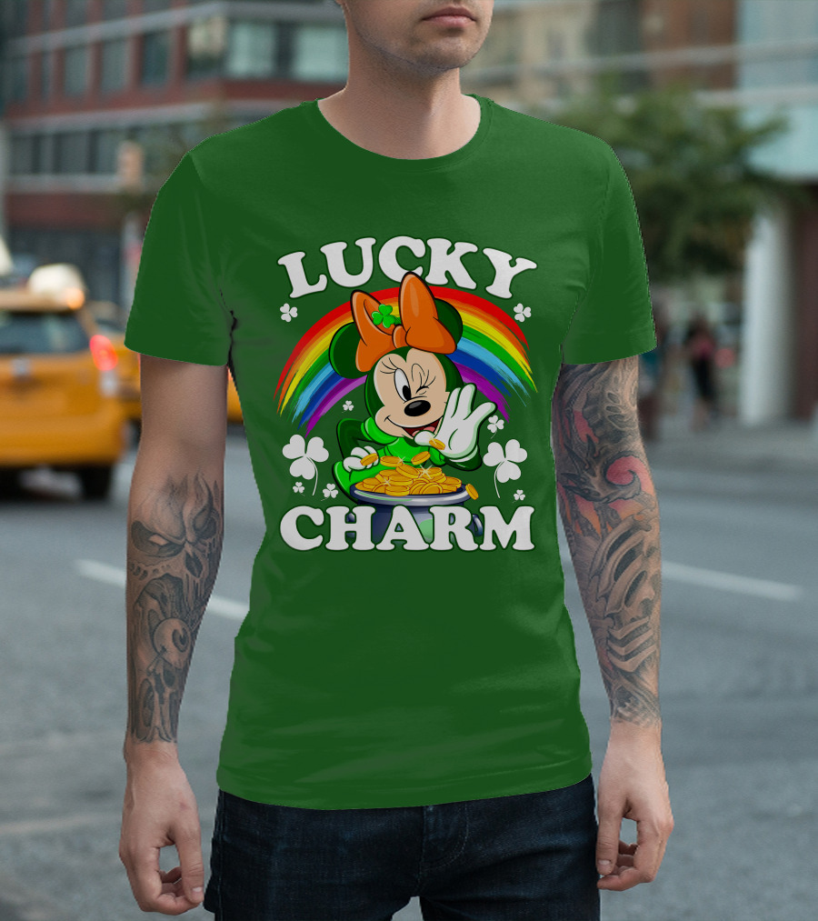 Lucky Charm Rainbow Minnie With Pot Of Gold And Shamrocks T-Shirt