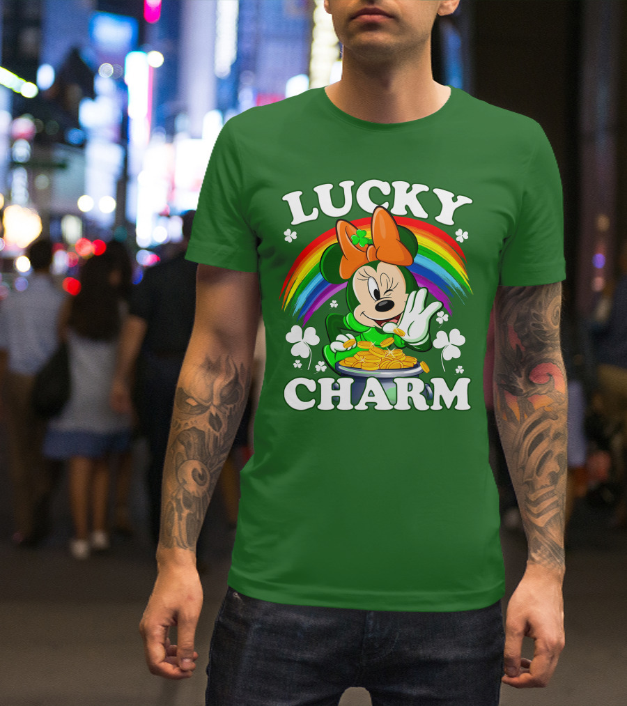 Lucky Charm Rainbow Minnie With Pot Of Gold And Shamrocks T-Shirt