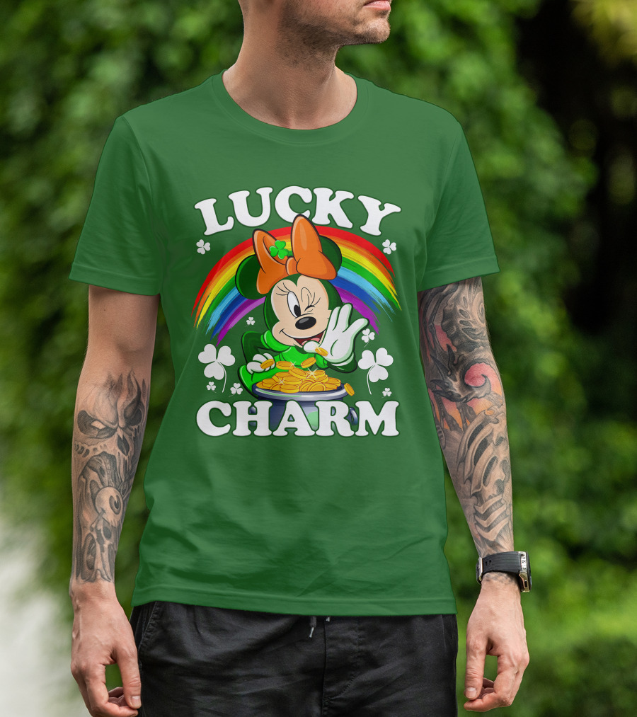 Lucky Charm Rainbow Minnie With Pot Of Gold And Shamrocks T-Shirt