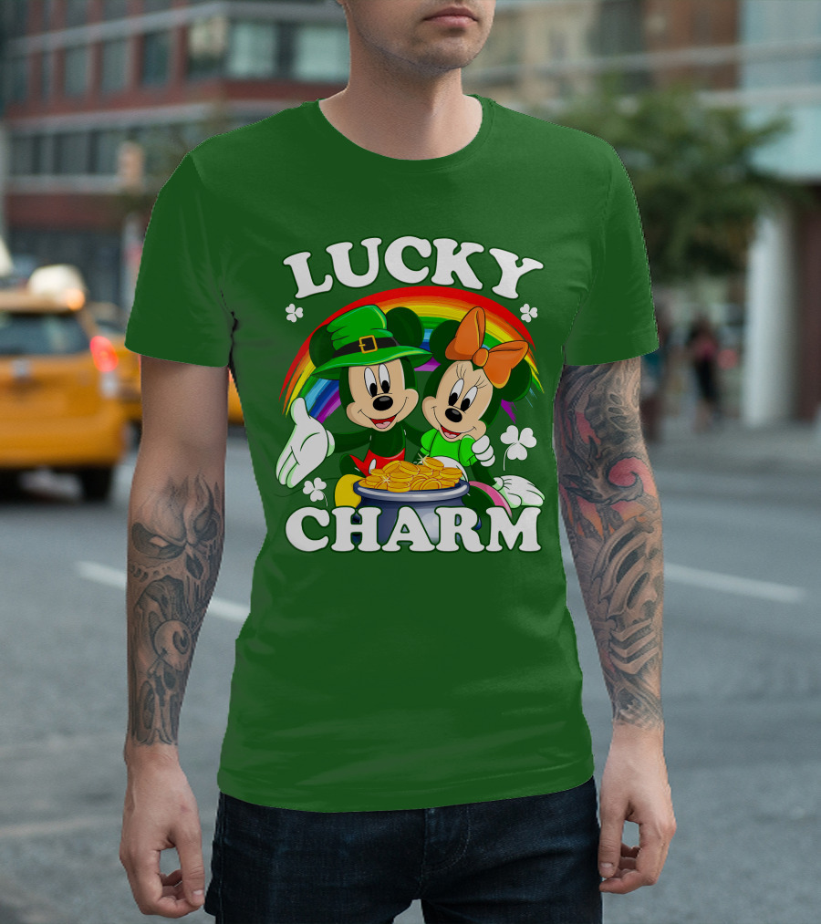 Lucky Charm Mickey And Minnie Rainbow Shamrock Coins T-Shirt