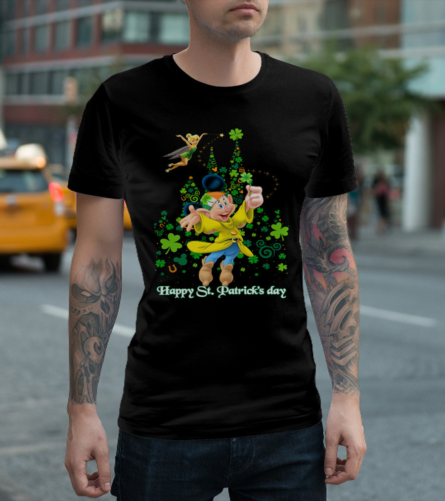 Happy St. Patrick's Day Dopey Disney Character With Tinker Bell And Clovers T-Shirt