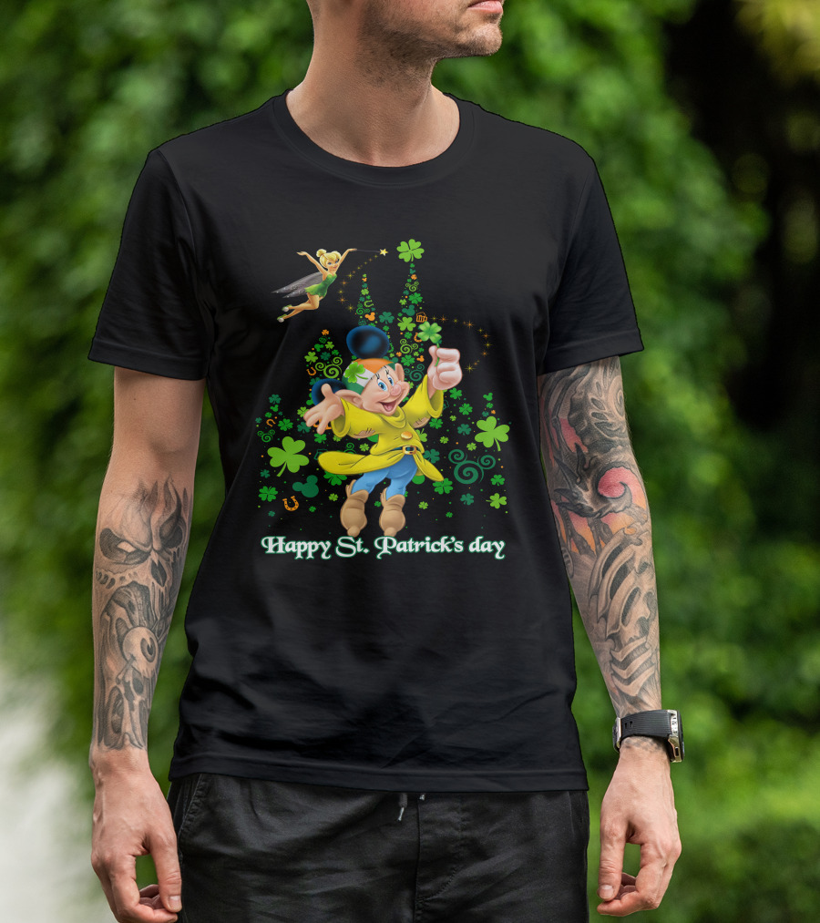 Happy St. Patrick's Day Dopey Disney Character With Tinker Bell And Clovers T-Shirt