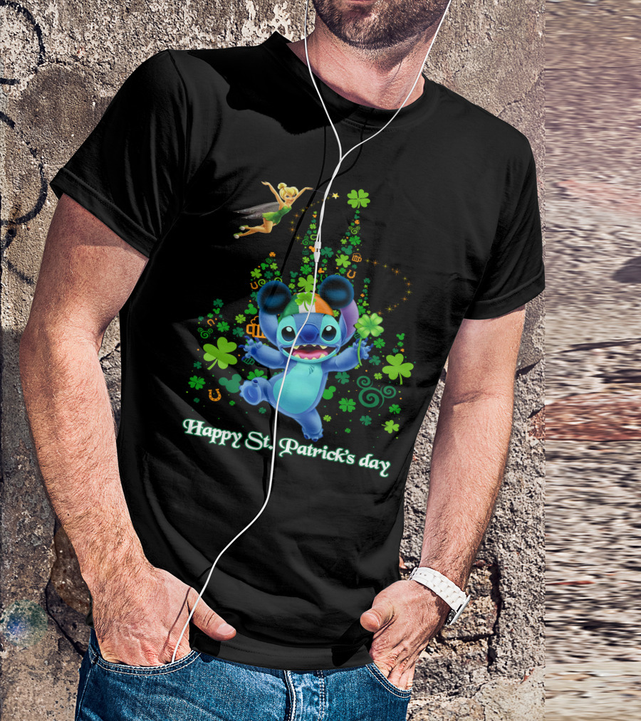 Stitch And Tinkerbell Happy St. Patrick's Day With Shamrocks And Irish Colors T-Shirt
