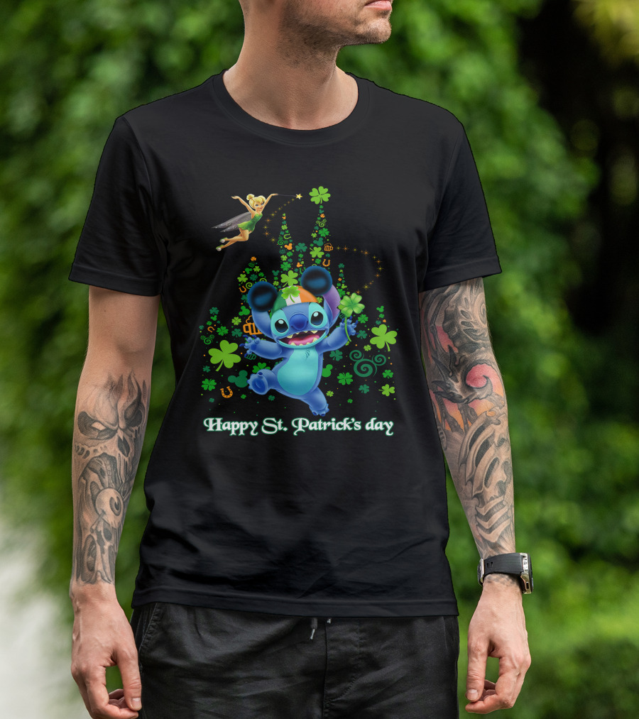 Stitch And Tinkerbell Happy St. Patrick's Day With Shamrocks And Irish Colors T-Shirt