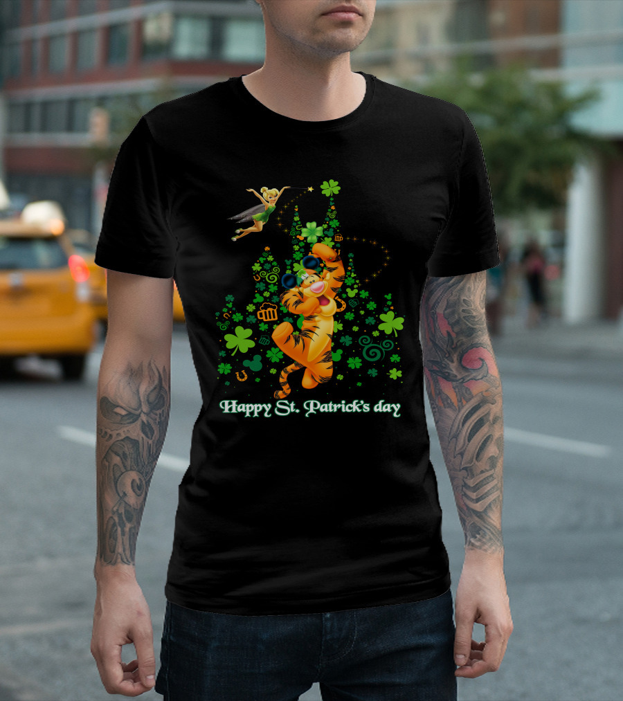 Happy St. Patrick's Day Tigger And Tinkerbell Celebration With Shamrocks And Icons T-Shirt
