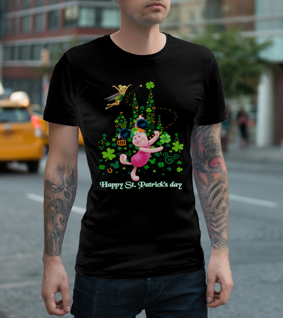 Happy St. Patrick's Day Piglet Tinker Bell Mickey Ears Shamrock Castle T-Shirt