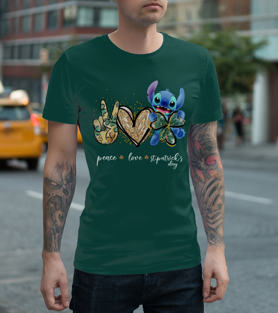 Peace Love St. Patrick's Day Stitch Shamrock Clover T-Shirt
