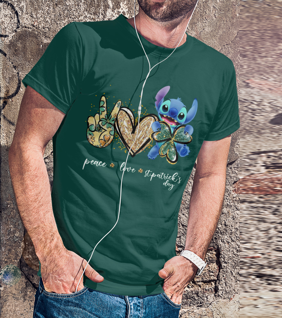 Peace Love St. Patrick's Day Stitch Shamrock Clover T-Shirt