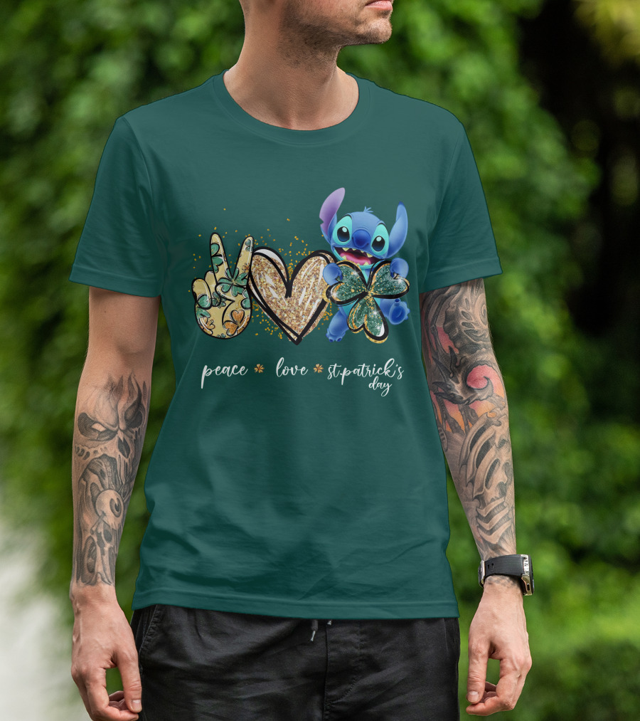 Peace Love St. Patrick's Day Stitch Shamrock Clover T-Shirt