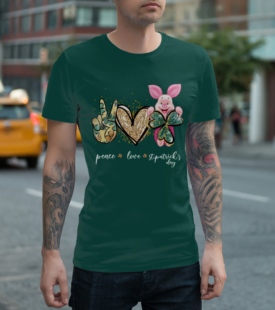 Peace Love St. Patrick's Day Piglet Shamrock T-Shirt