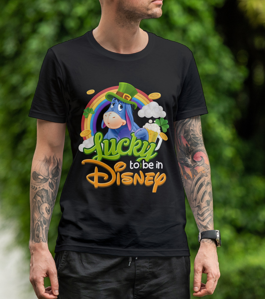 Eeyore Lucky To Be In Disney St. Patrick's Day Rainbow And Coins T-Shirt