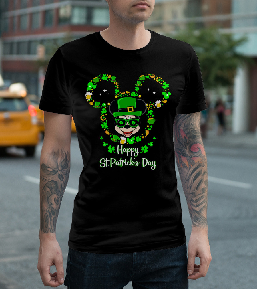 Happy St. Patrick's Day Mickey Graphic With Leprechaun Hat And Shamrocks T-Shirt