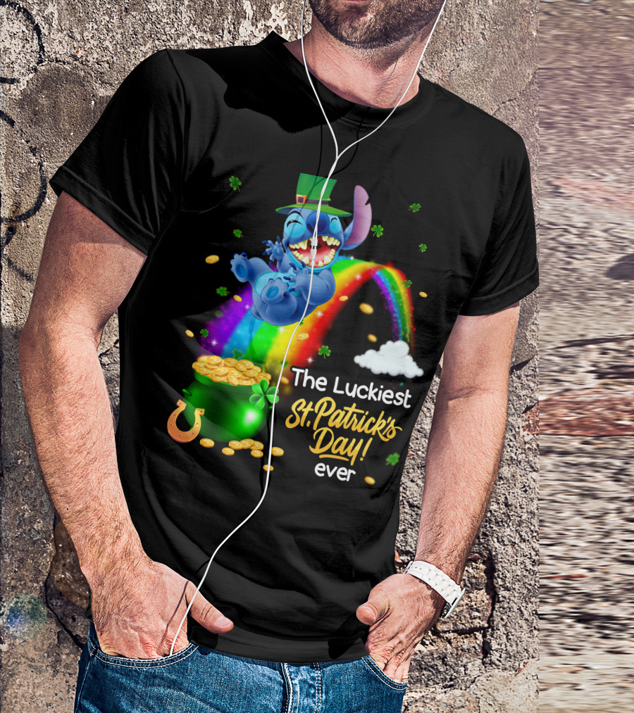 The Luckiest St. Patrick's Day Ever Stitch Rainbow Pot Of Gold T-Shirt