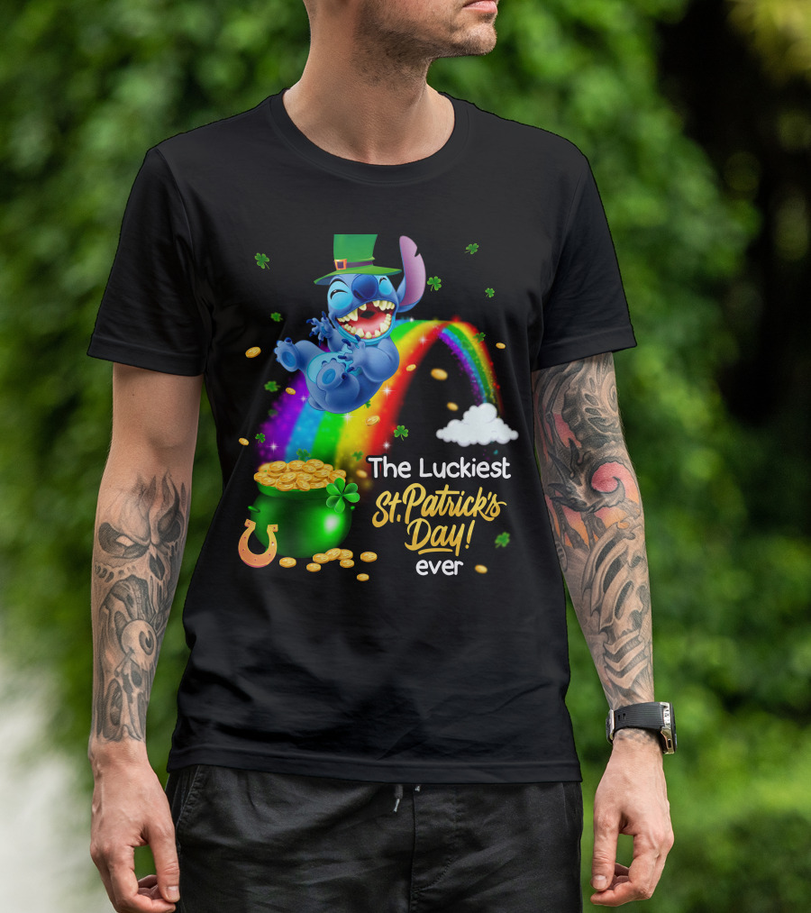The Luckiest St. Patrick's Day Ever Stitch Rainbow Pot Of Gold T-Shirt