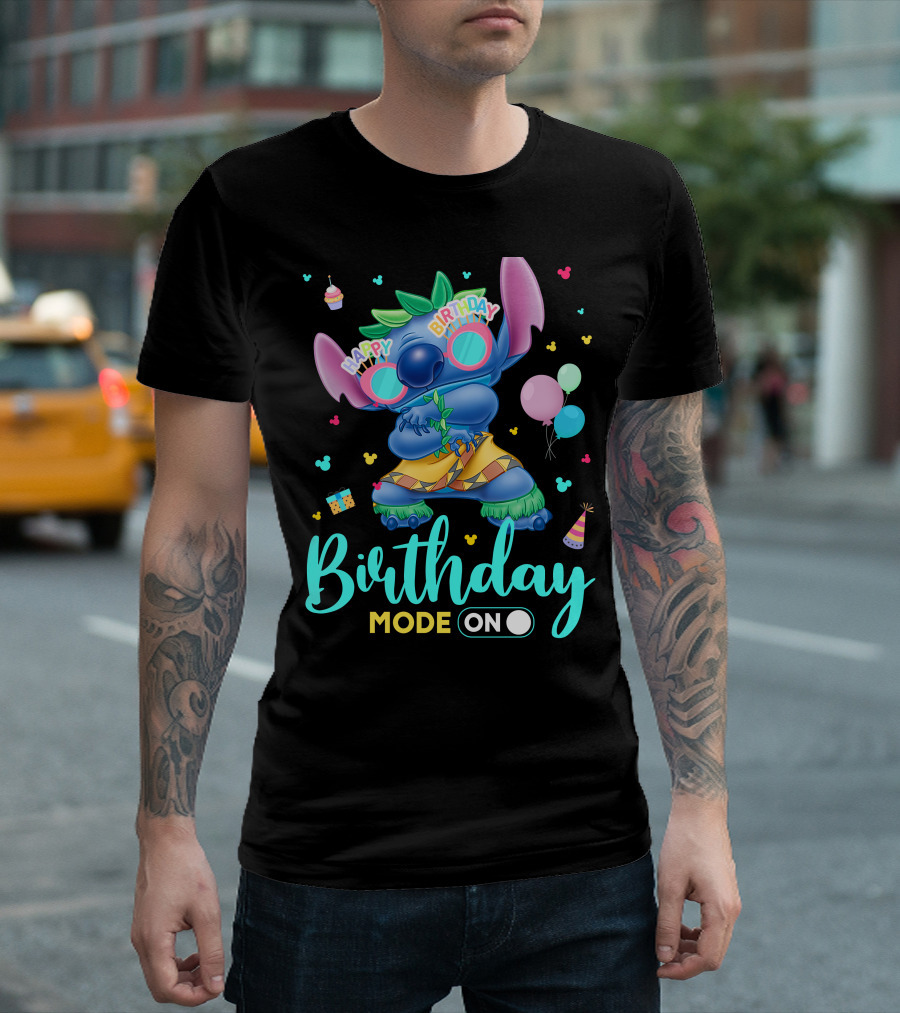 Stitch Birthday Mode On With Balloons And Cupcake T-Shirt