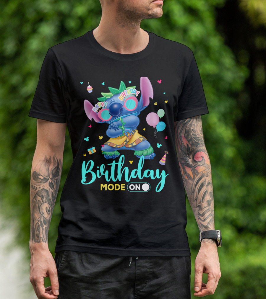 Stitch Birthday Mode On With Balloons And Cupcake T-Shirt
