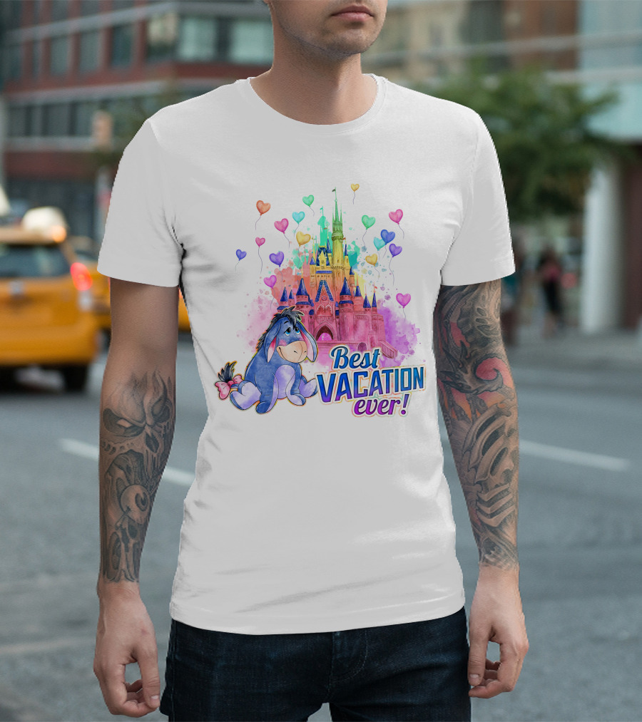 Eeyore Best Vacation Ever Colorful Castle Hearts T-Shirt