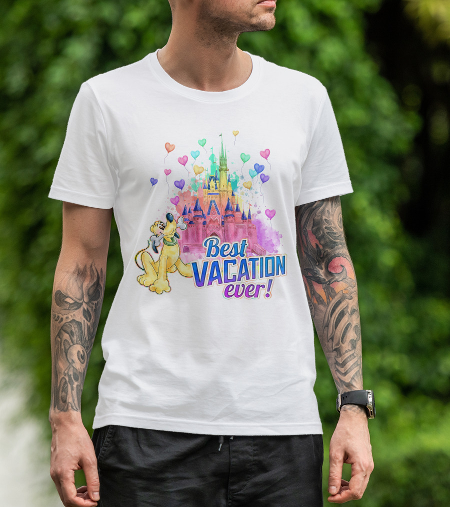 Best Vacation Ever Pluto With Colorful Castle And Heart Balloons T-Shirt