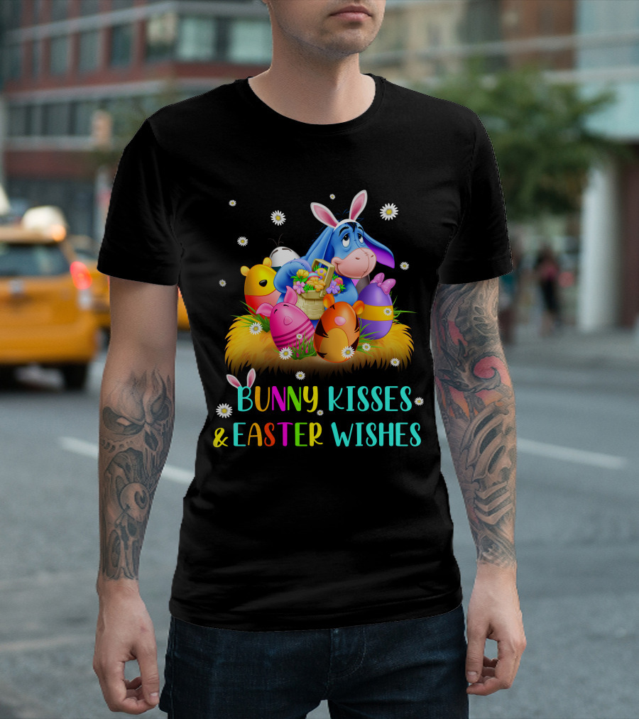 Bunny Kisses And Easter Wishes Eeyore Colorful Eggs Basket T-Shirt