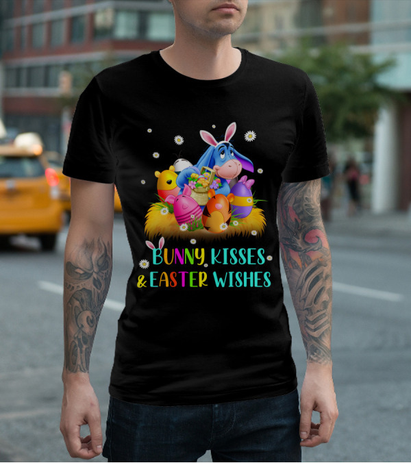 Bunny Kisses And Easter Wishes Eeyore Colorful Eggs Basket T-Shirt