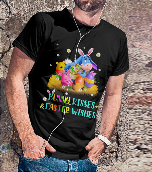 Bunny Kisses And Easter Wishes Eeyore Colorful Eggs Basket T-Shirt