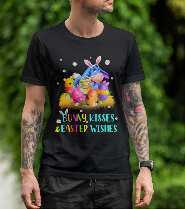 Bunny Kisses And Easter Wishes Eeyore Colorful Eggs Basket T-Shirt