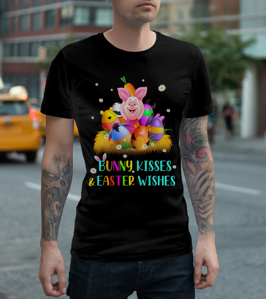 Bunny Kisses & Easter Wishes Piglet Colorful Eggs And Flowers T-Shirt