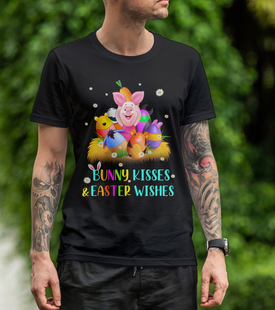 Bunny Kisses & Easter Wishes Piglet Colorful Eggs And Flowers T-Shirt