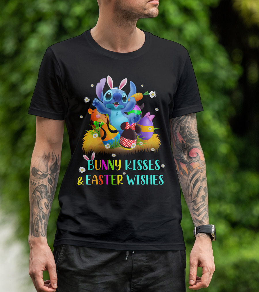 Bunny Kisses & Easter Wishes Stitch With Colorful Eggs And Spring Flowers T-Shirt