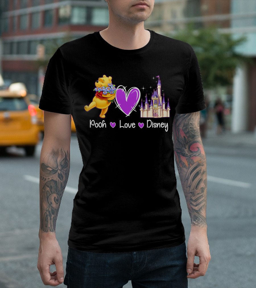 Pooh Love Disney With Purple Heart And Castle T-Shirt