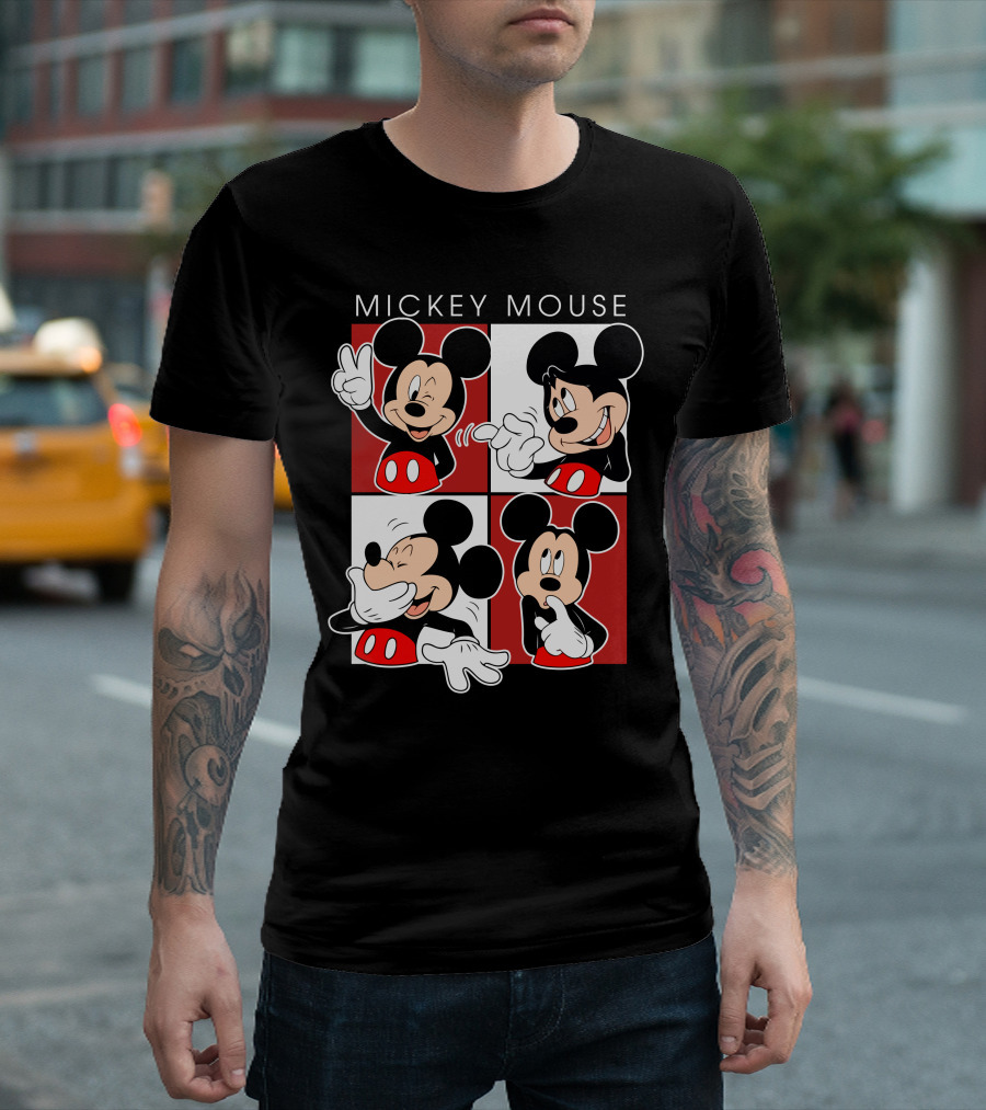 Mickey Mouse Expressive Poses Red And White Comic Panel T-Shirt