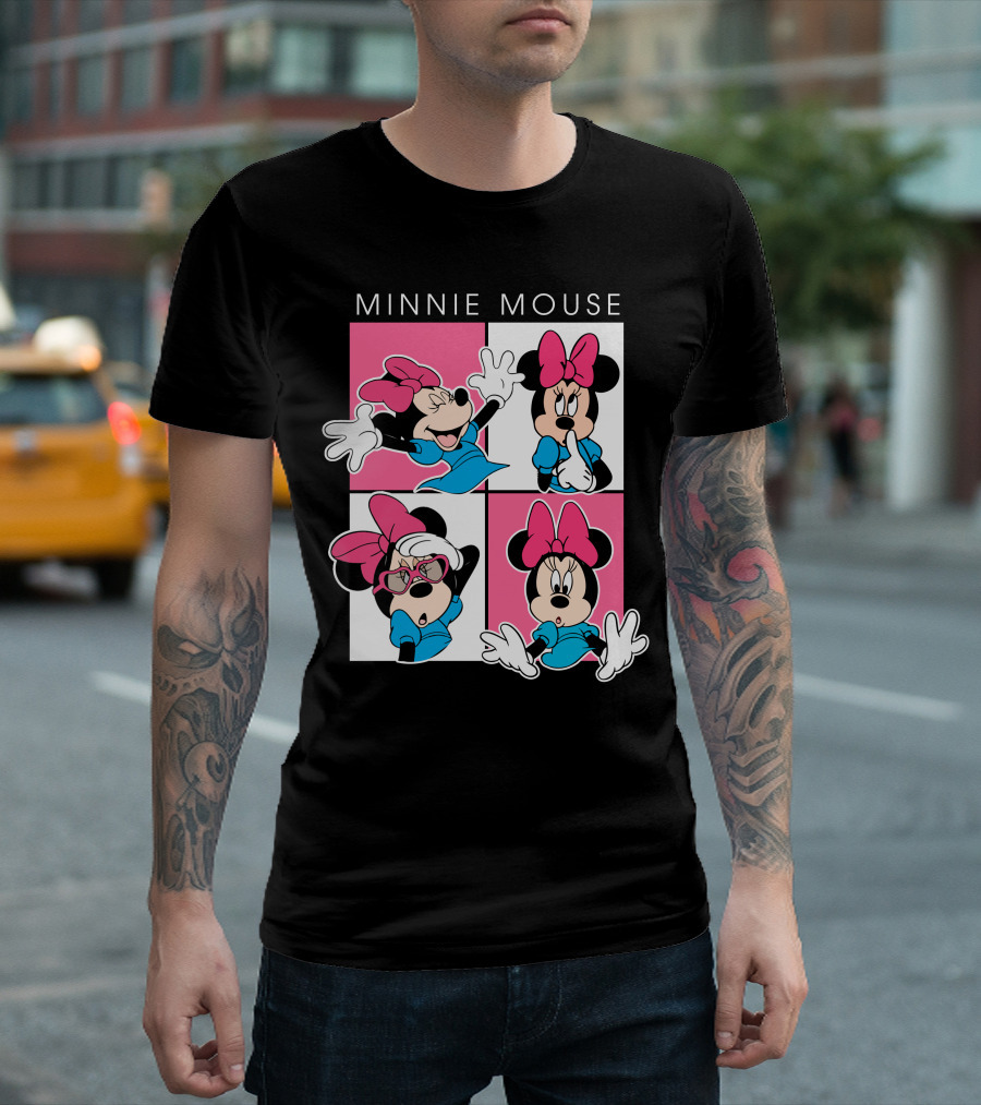 Minnie Mouse Expressive Poses In Blue Dress And Pink Bows T-Shirt