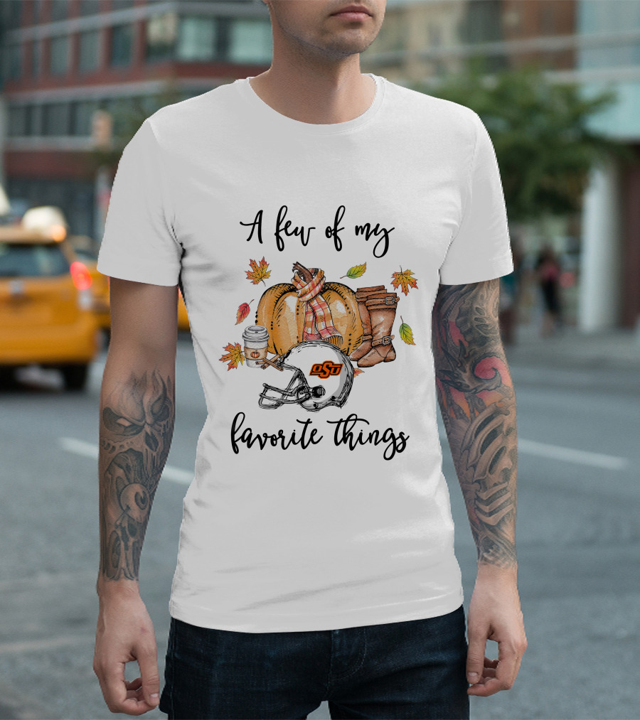 A Few Of My Favorite Things OSU Cowboys Helmet Pumpkin Fall Leaves Boots Coffee T-Shirt