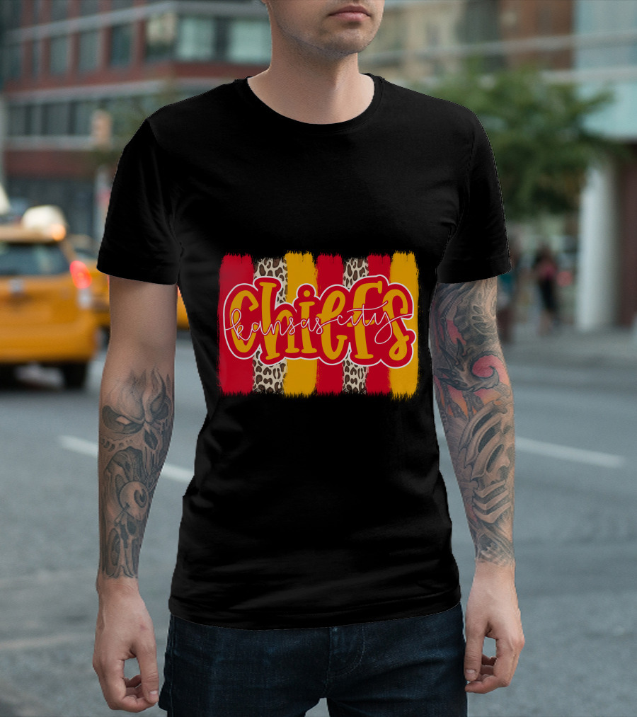 Kansas City Chiefs Handlettered Red Gold Leopard Stripes T-Shirt