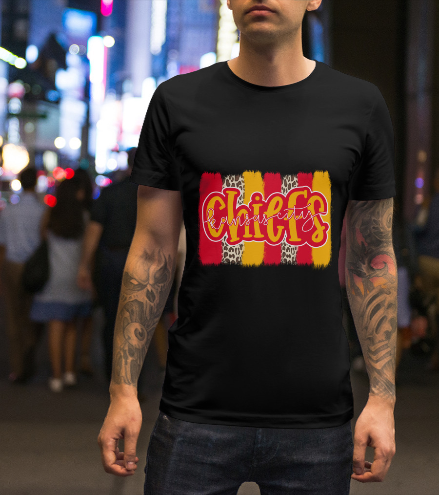 Kansas City Chiefs Handlettered Red Gold Leopard Stripes T-Shirt