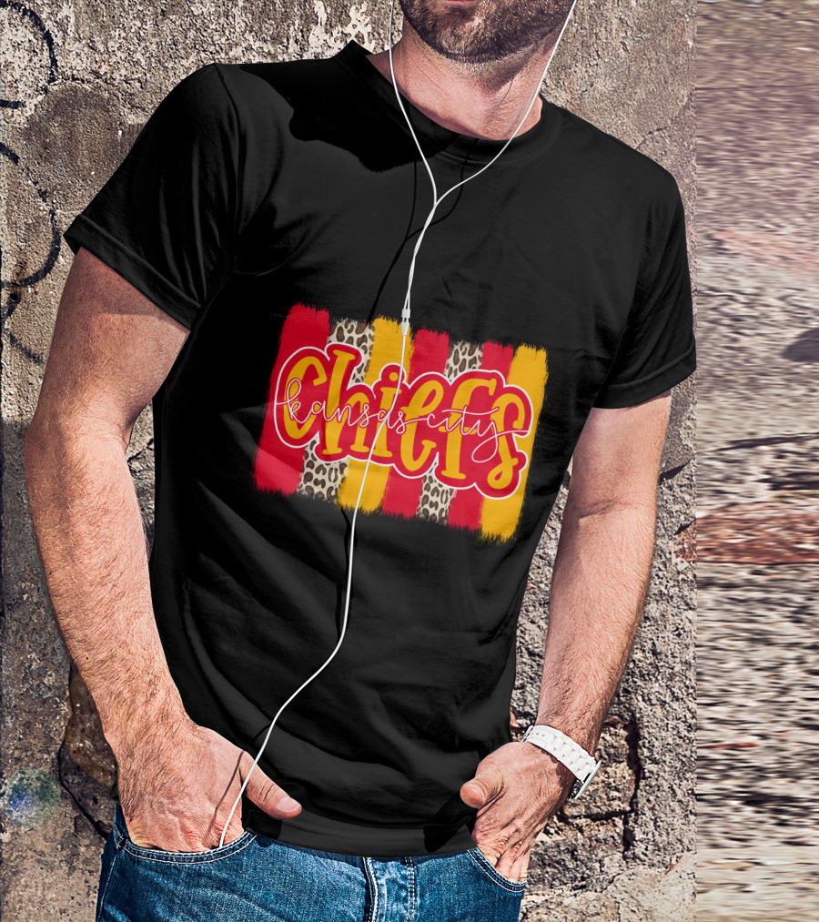 Kansas City Chiefs Handlettered Red Gold Leopard Stripes T-Shirt