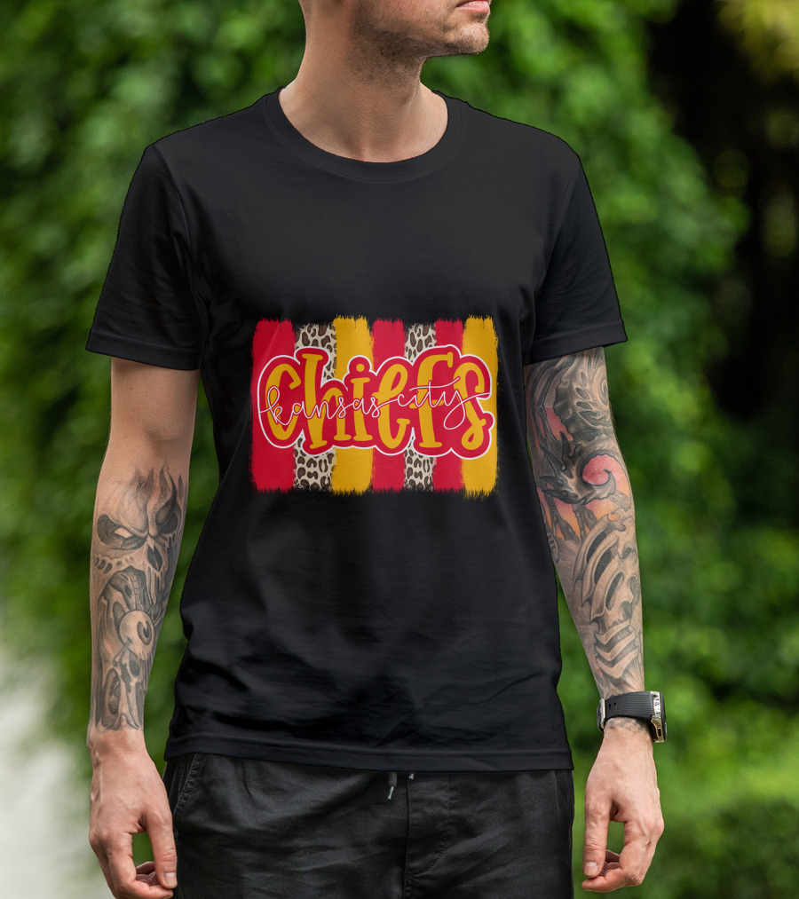 Kansas City Chiefs Handlettered Red Gold Leopard Stripes T-Shirt