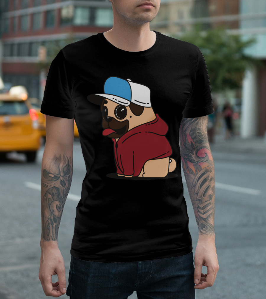 Adorable Pug Wearing Red Hoodie and Blue-White Cap T-Shirt