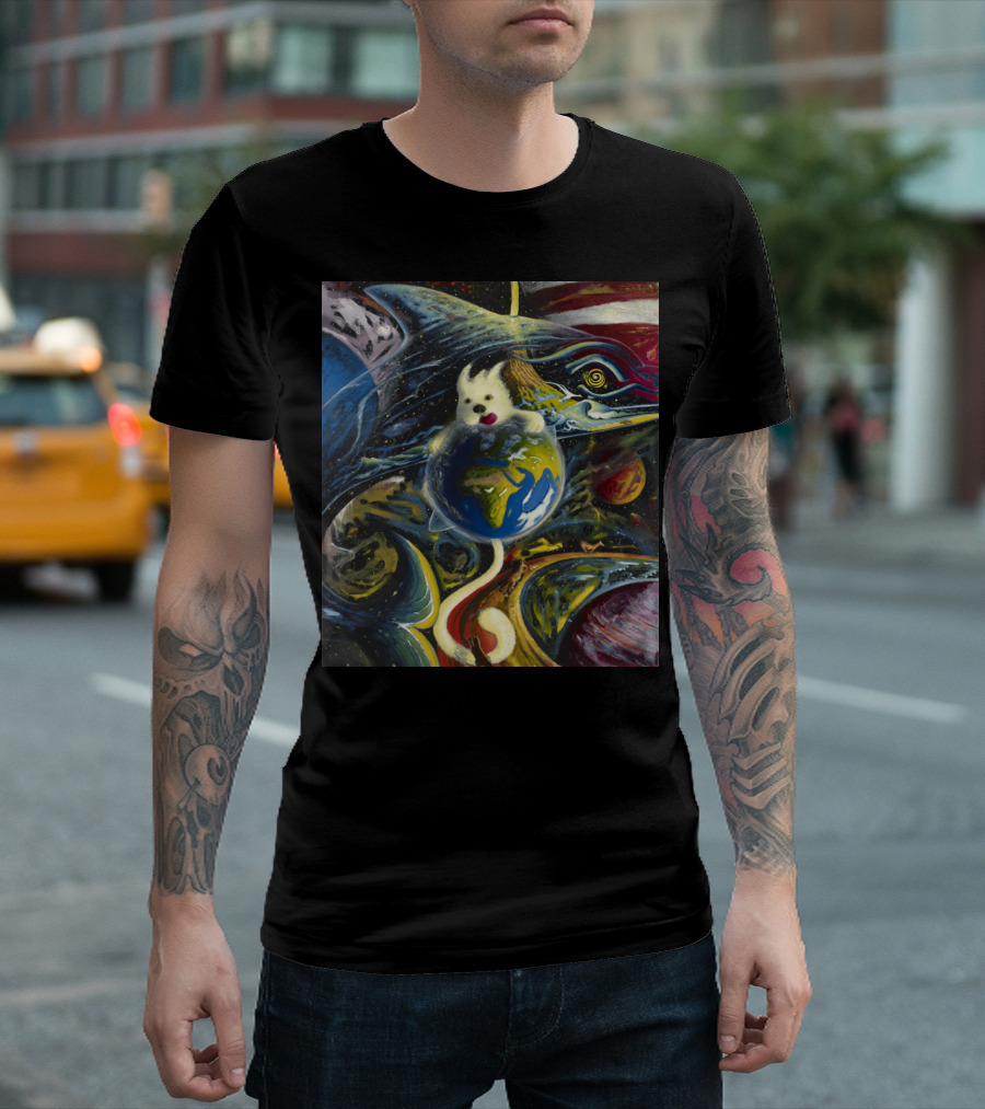 Space Dog Floating Around Earth Surrounded By Cosmic Art Elements T-Shirt