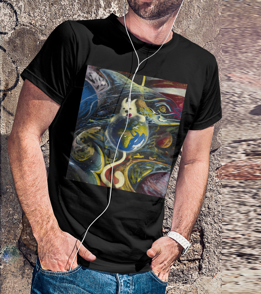 Space Dog Floating Around Earth Surrounded By Cosmic Art Elements T-Shirt