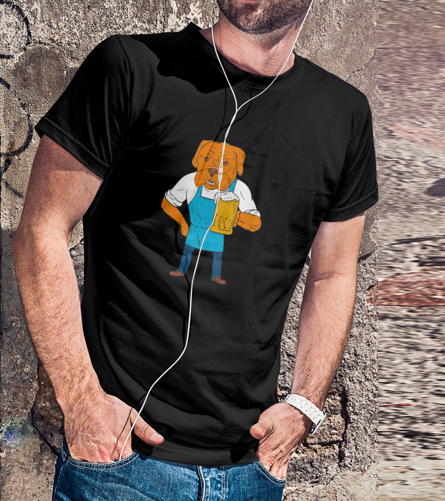 Bordeaux Dog Holding Beer Cartoon Brewer Mascot T-Shirt