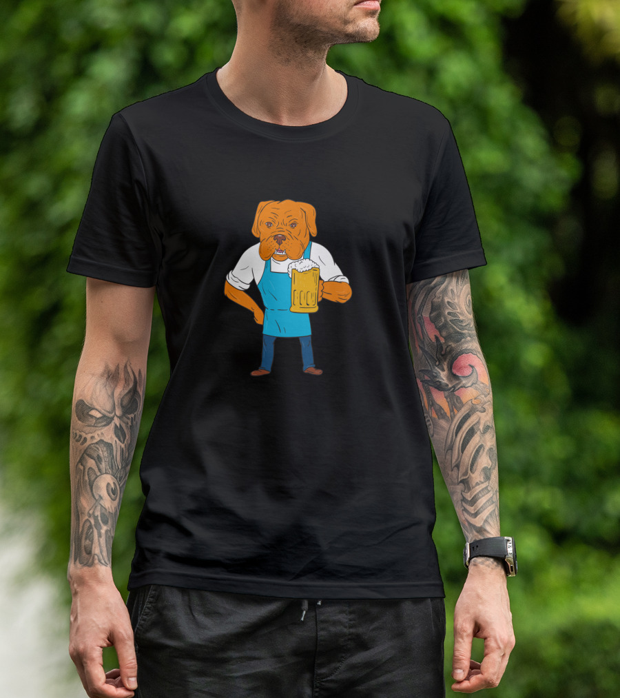 Bordeaux Dog Holding Beer Cartoon Brewer Mascot T-Shirt