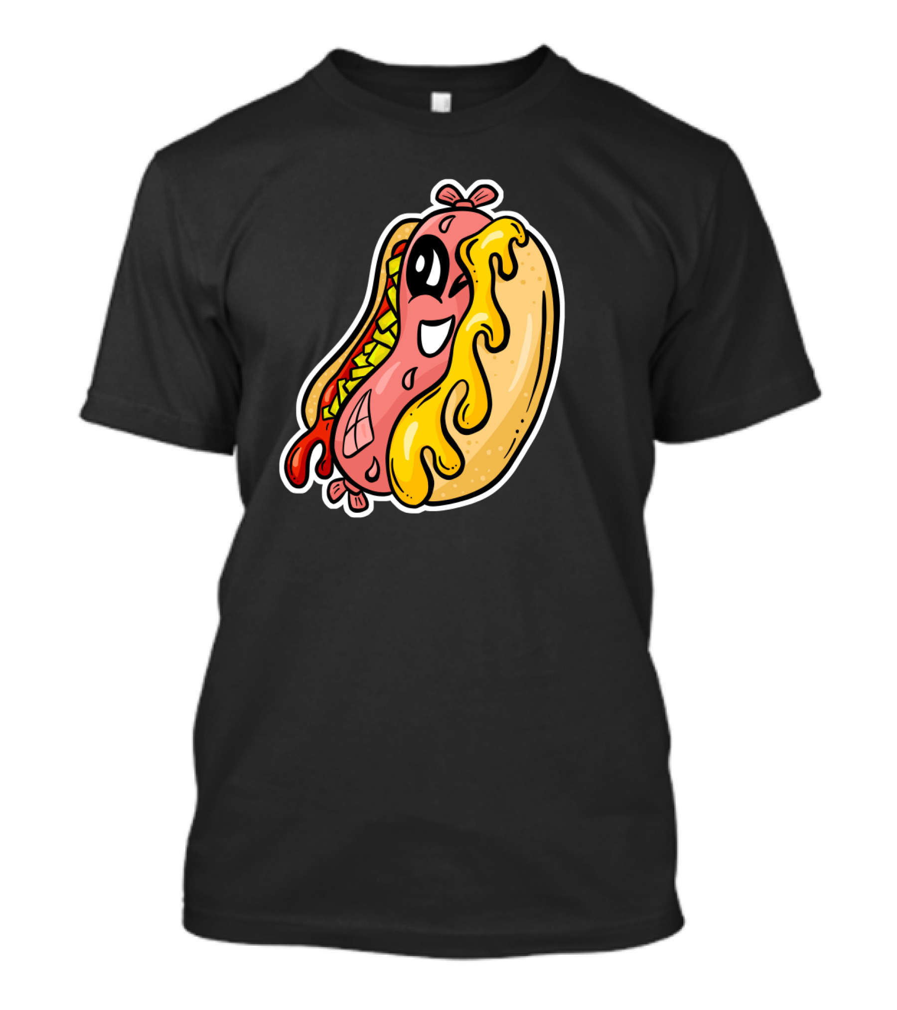 Cartoon Hot Dog Character With Melting Cheese And Happy Expression T-Shirt