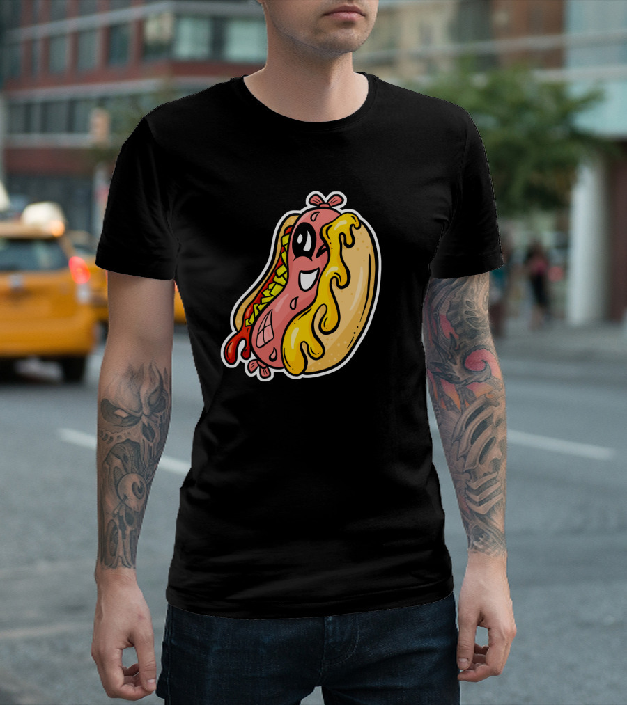 Cartoon Hot Dog Character With Melting Cheese And Happy Expression T-Shirt