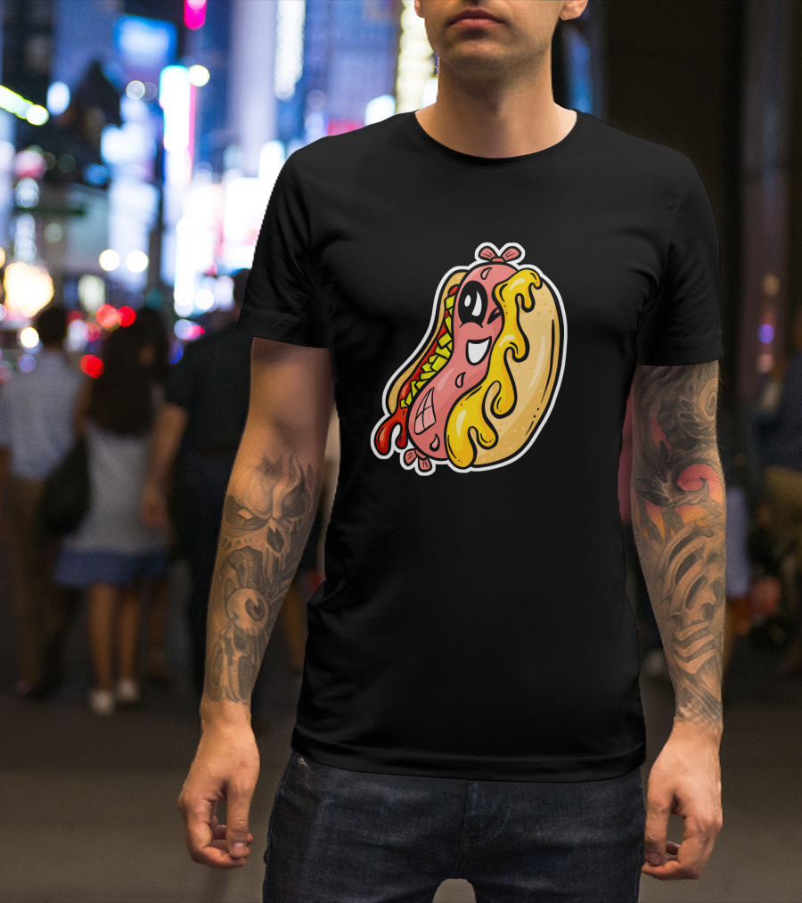 Cartoon Hot Dog Character With Melting Cheese And Happy Expression T-Shirt