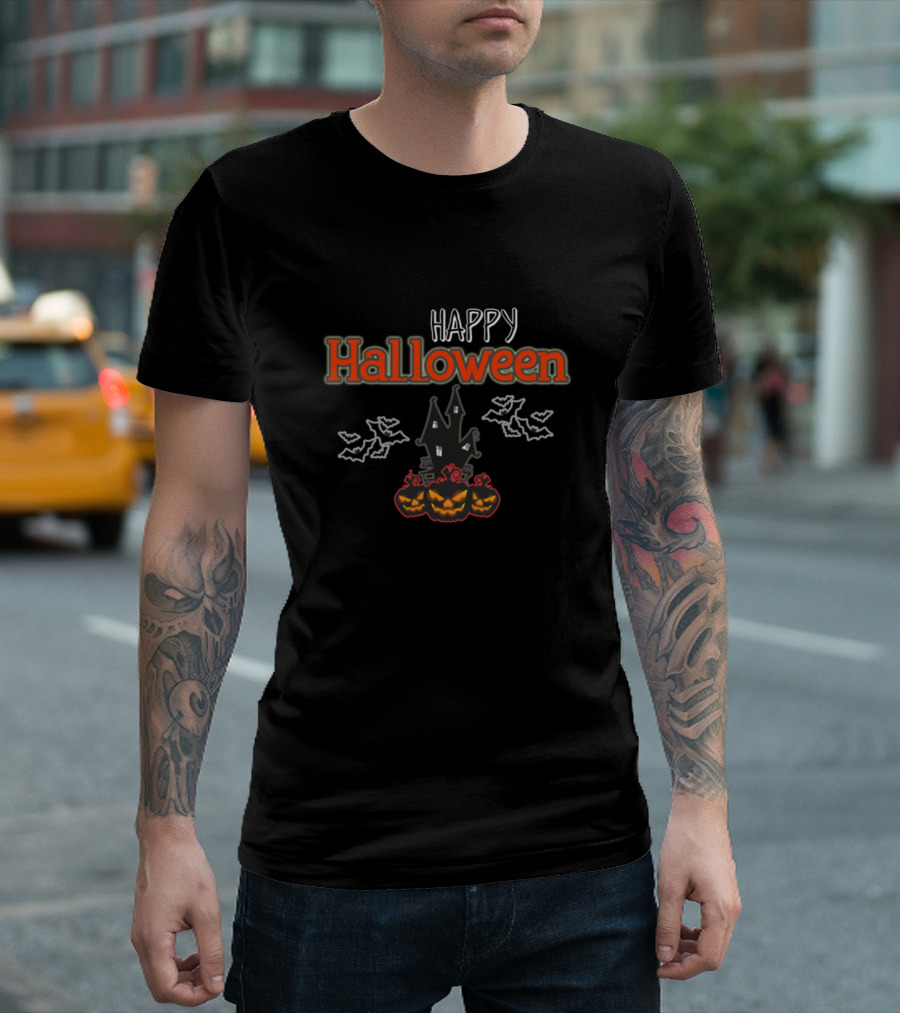 Happy Halloween Haunted House with Bats and Jack-O'-Lantern Pumpkins T-Shirt