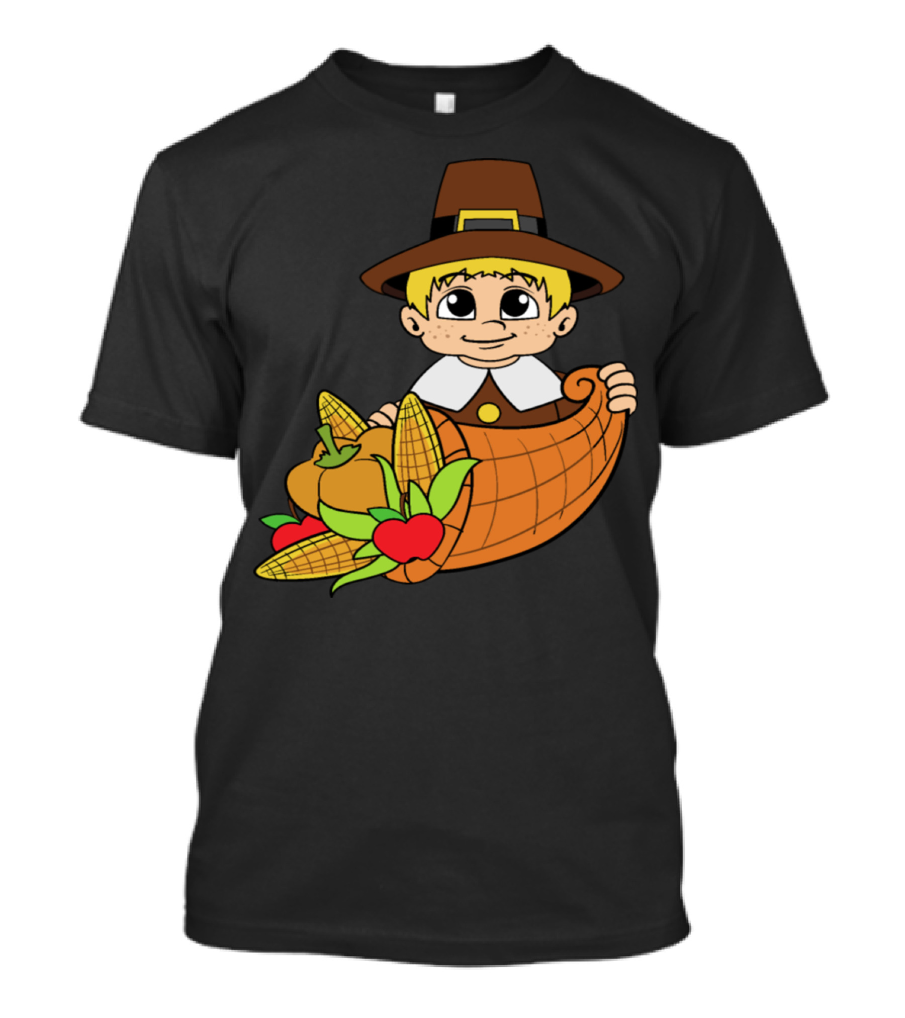Thanksgiving Pilgrim With Cornucopia Pumpkins And Harvest T-Shirt