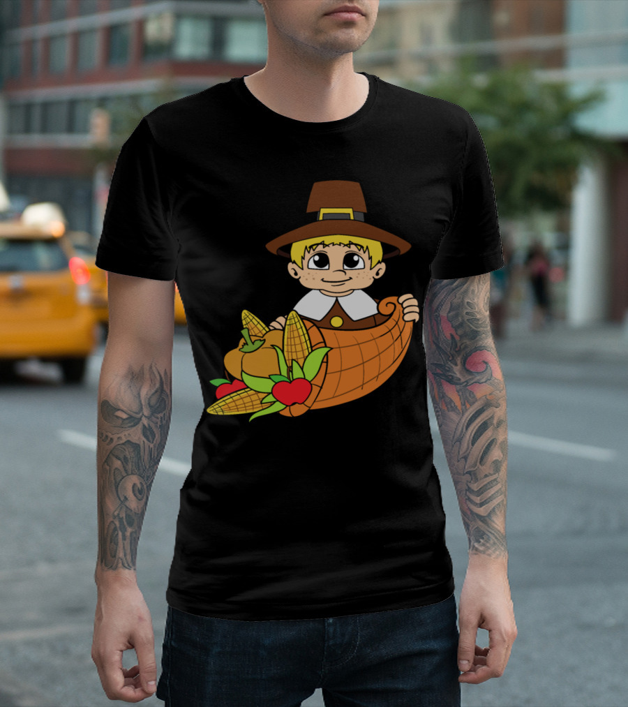 Thanksgiving Pilgrim With Cornucopia Pumpkins And Harvest T-Shirt