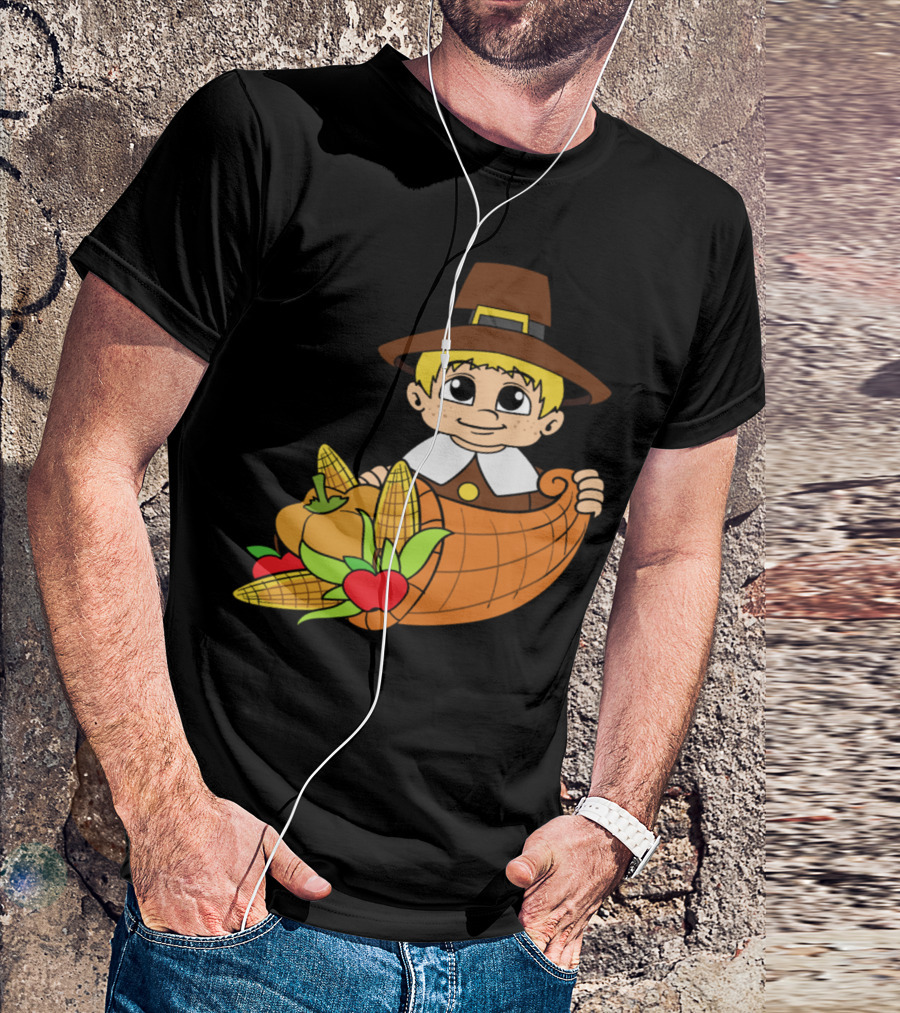 Thanksgiving Pilgrim With Cornucopia Pumpkins And Harvest T-Shirt