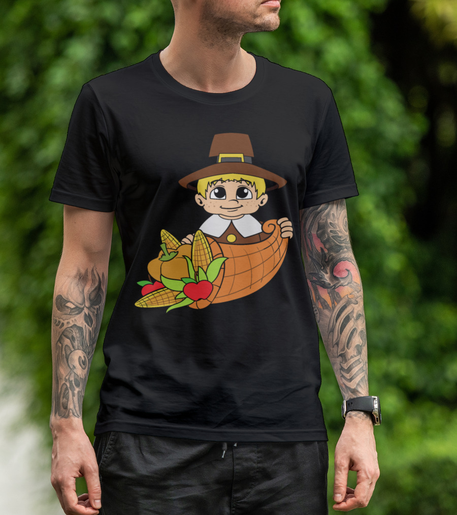 Thanksgiving Pilgrim With Cornucopia Pumpkins And Harvest T-Shirt